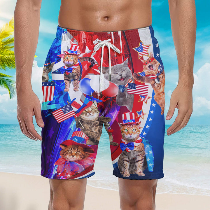 Independence Day 4th of July Cat Happy American Flag Beach Shorts For Men