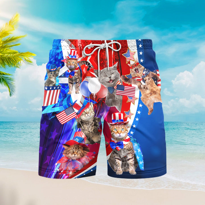 Independence Day 4th of July Cat Happy American Flag Beach Shorts For Men