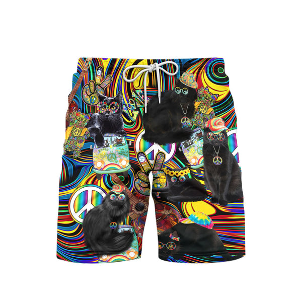 Gift For Hippie Amazing Black Hippie Cat Beach Shorts For Men