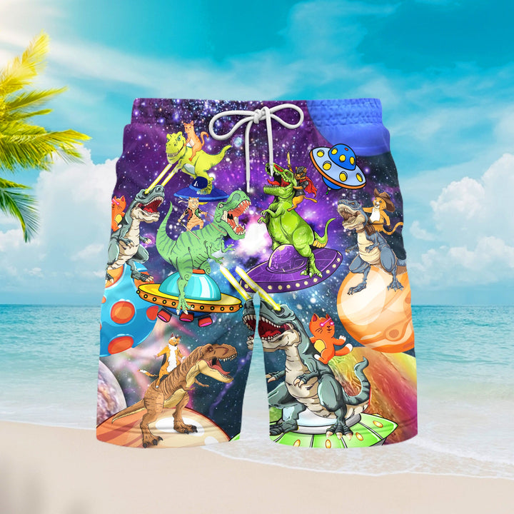 Cat Ride Dinosaurs In Galaxy Space Beach Shorts For Men