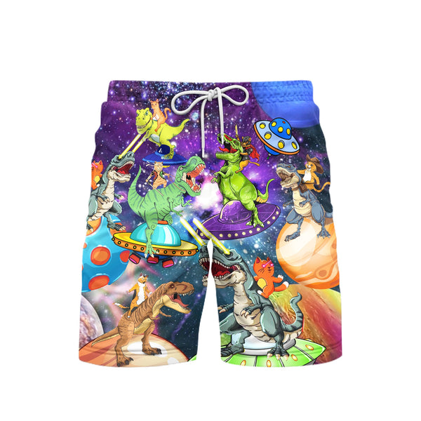 Cat Ride Dinosaurs In Galaxy Space Beach Shorts For Men