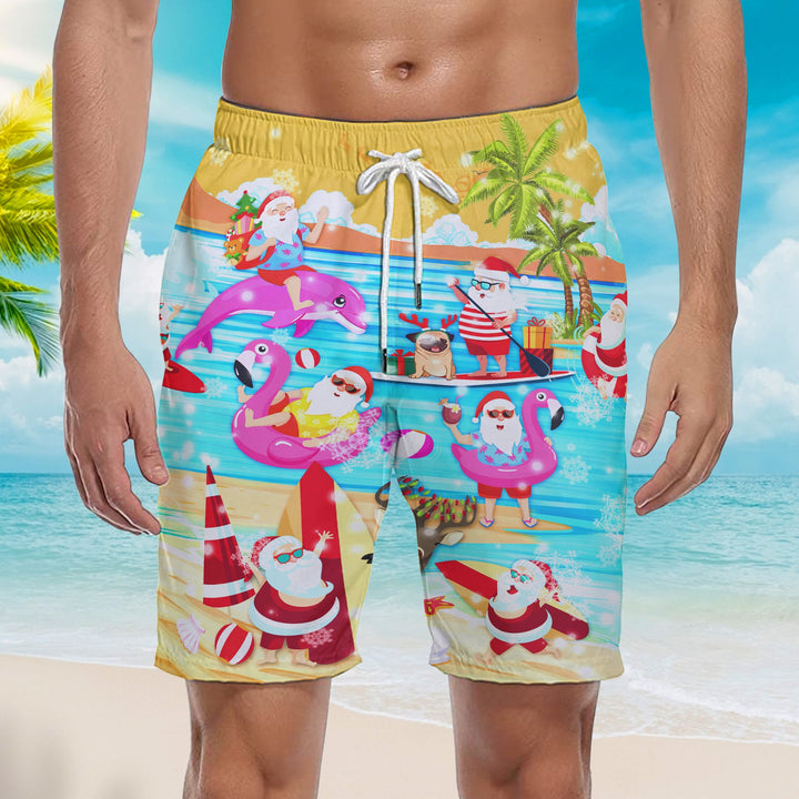 Merry Santa Surfing Dolphin On Christmas Beach Shorts For Men