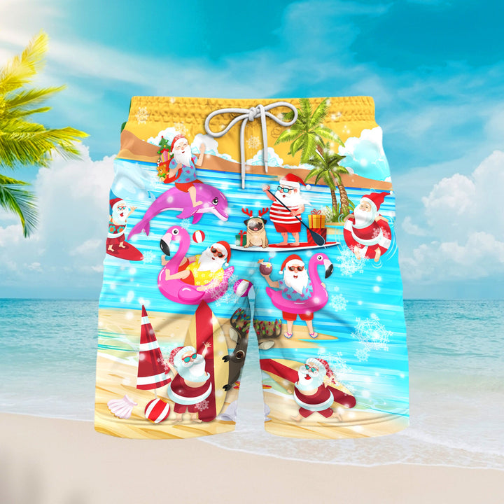 Merry Santa Surfing Dolphin On Christmas Beach Shorts For Men