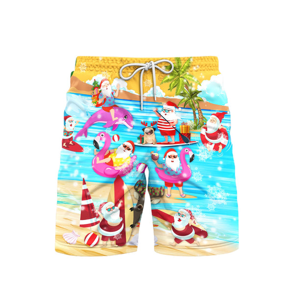 Merry Santa Surfing Dolphin On Christmas Beach Shorts For Men