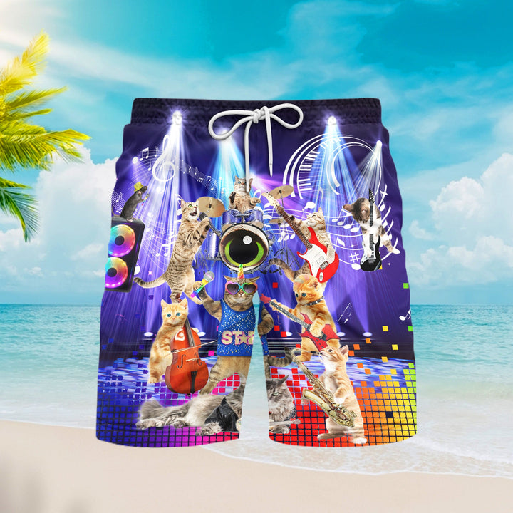 Cat Play Guitar Rocker Music Style Beach Shorts For Men