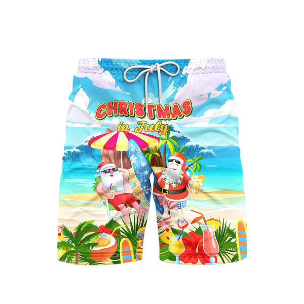 Christmas In July Funny Surfing Santa Clause Tropical Style Beach Shorts For Men