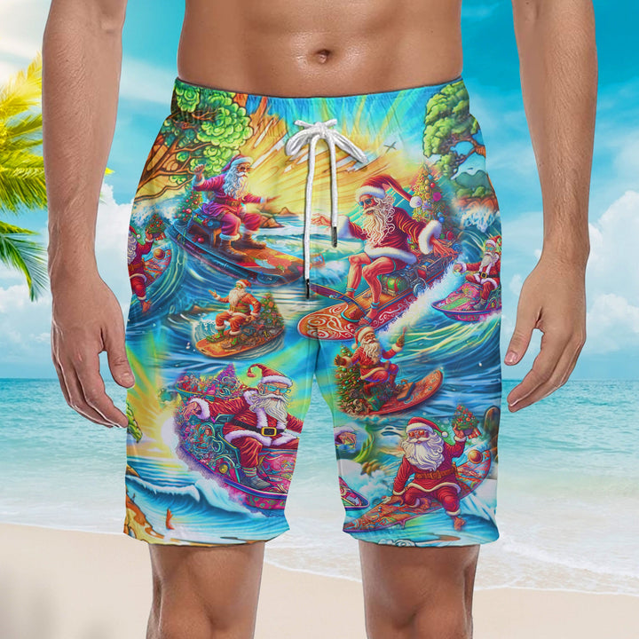 Funny Surfing Santa Christmas In July Beach Shorts For Men