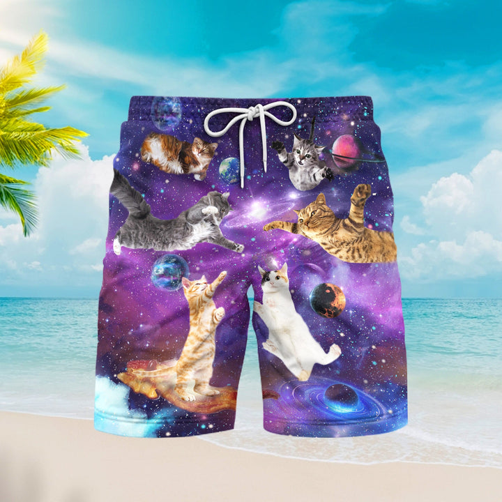 Cat Sits Silhouette Of A Bright Galaxy Beach Shorts For Men