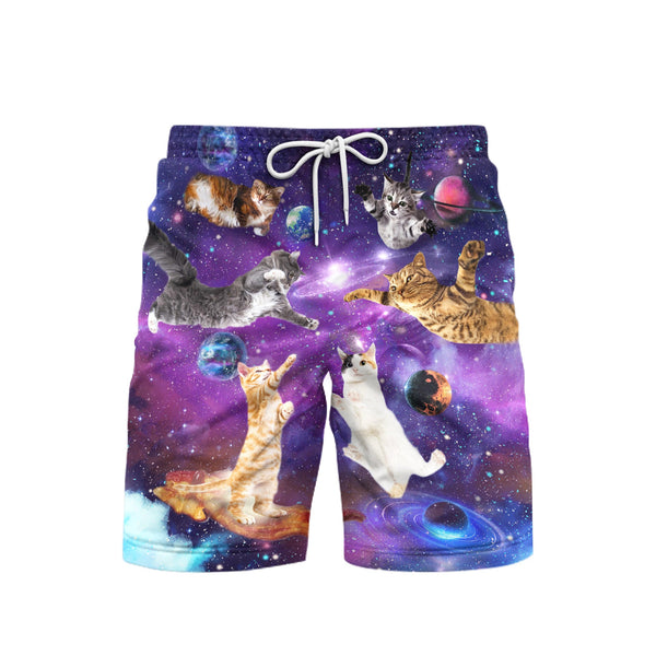 Cat Sits Silhouette Of A Bright Galaxy Beach Shorts For Men