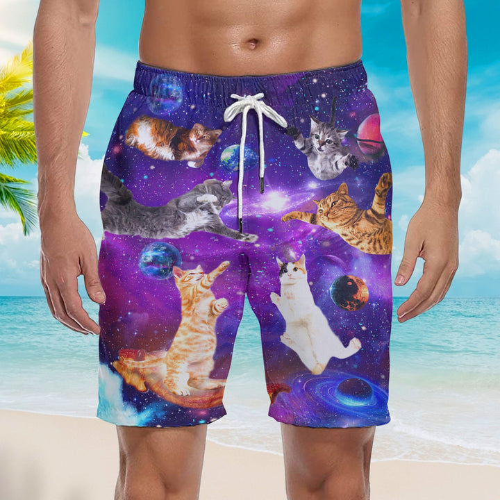 Cat Sits Silhouette Of A Bright Galaxy Beach Shorts For Men