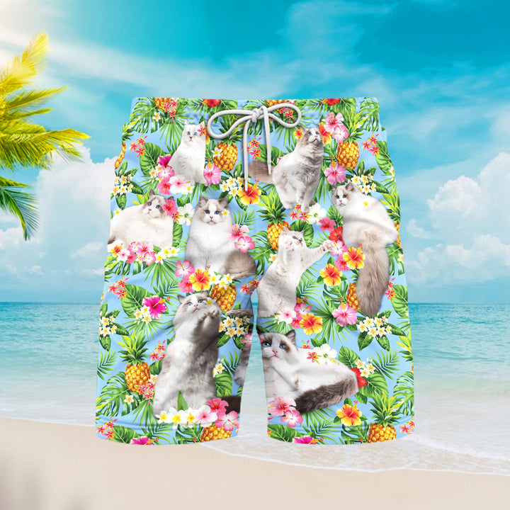 Funny Pagdoll Cat Pinapple Tropical Beach Shorts For Men