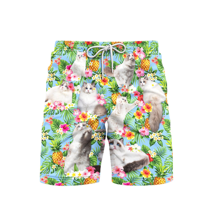 Funny Pagdoll Cat Pinapple Tropical Beach Shorts For Men