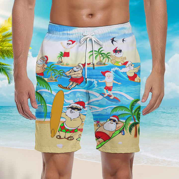 Christmas Santa Surfing On Beach Beach Shorts For Men