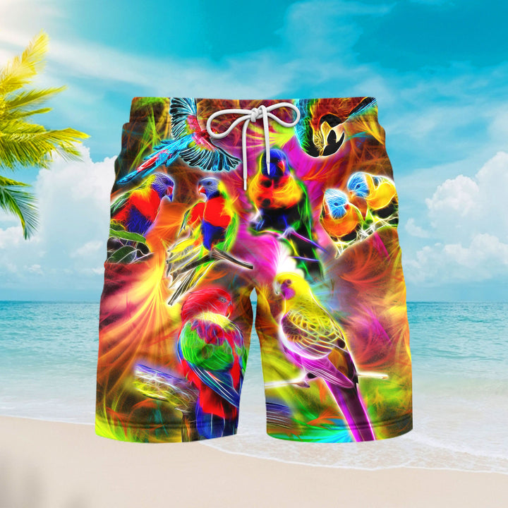 Colorful Parrots Neon Beach Shorts For Men