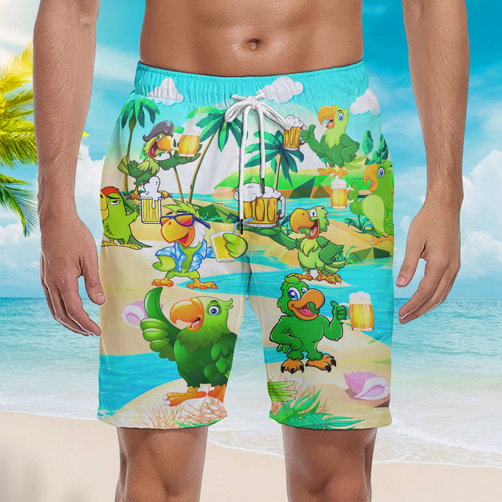 Parrots And Beer In Summer Beach Shorts For Men