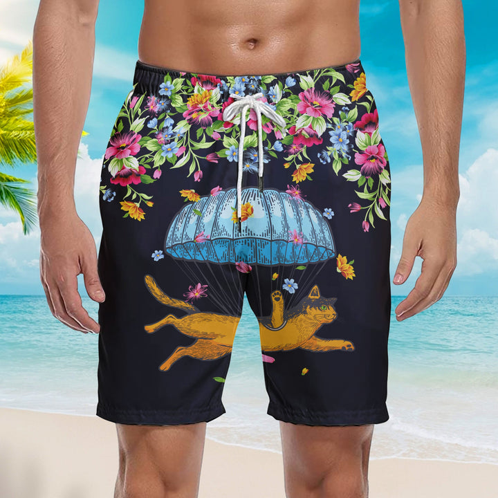 Catdiver Floral Love Skydiving Beach Shorts For Men