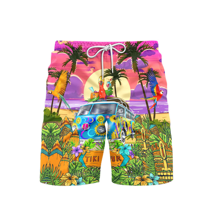 Parrots Tiki On Hippie Bus Beach Shorts For Men