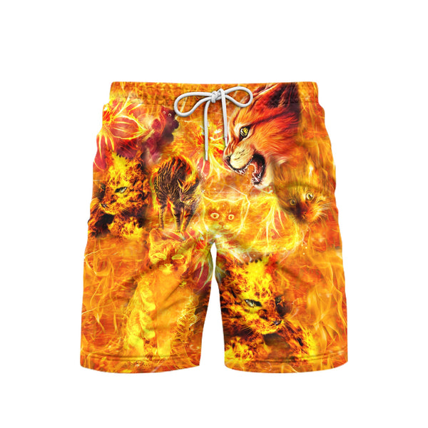 Cat Playing With Fire Beach Shorts For Men