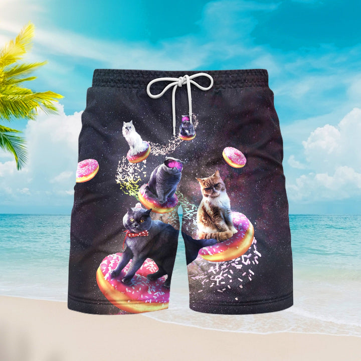 Funny Cat In Space Donuts Beach Shorts For Men