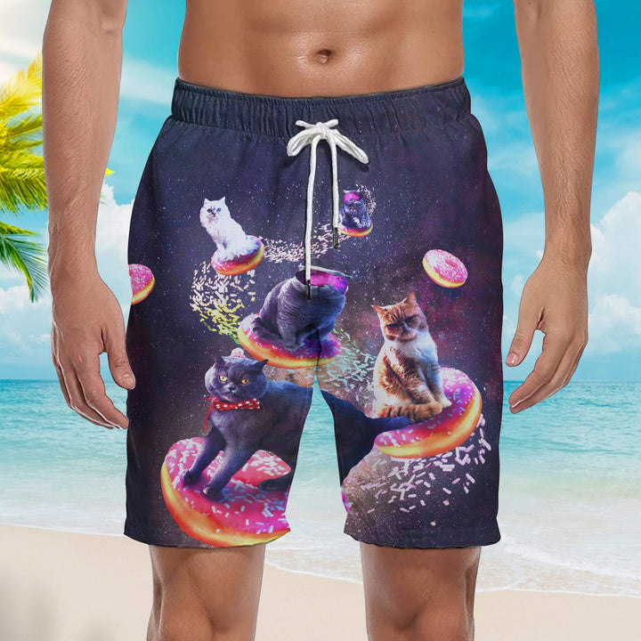 Funny Cat In Space Donuts Beach Shorts For Men