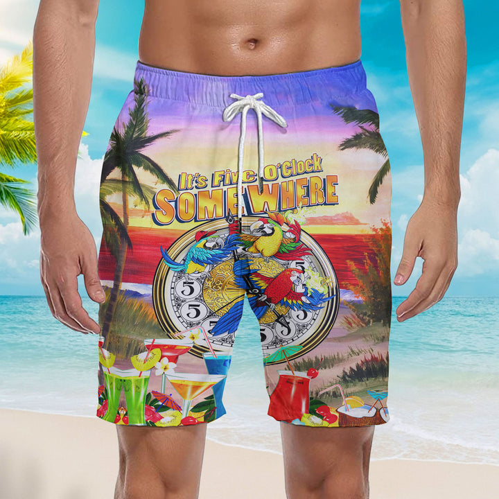 Parrot Tropical It's 5 O'clock Somewhere Beach Shorts For Men