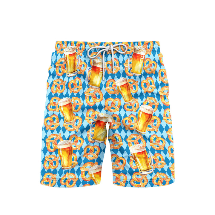 Oktoberfest Beer Pretzels Blue Checkered Beach Shorts For Men