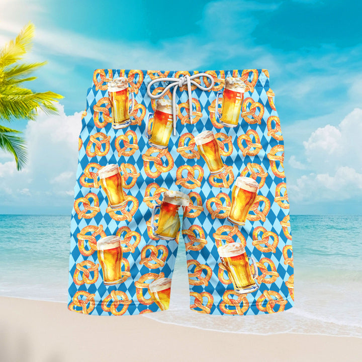 Oktoberfest Beer Pretzels Blue Checkered Beach Shorts For Men