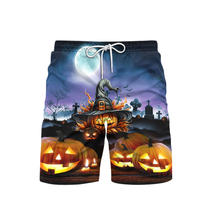 Black Cat Broom Sweep Halloween Family Beach Shorts For Men
