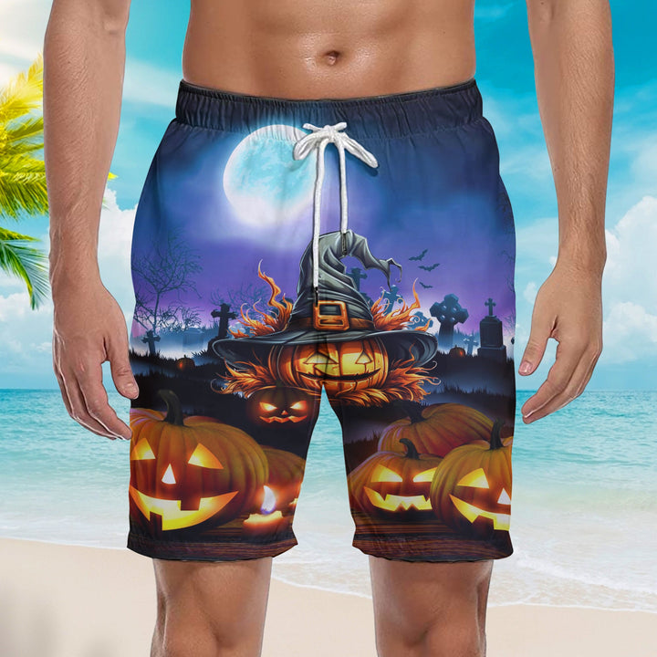 Black Cat Broom Sweep Halloween Family Beach Shorts For Men