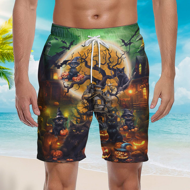 Halloween Black Cat Staring Into Your Soul Beach Shorts For Men