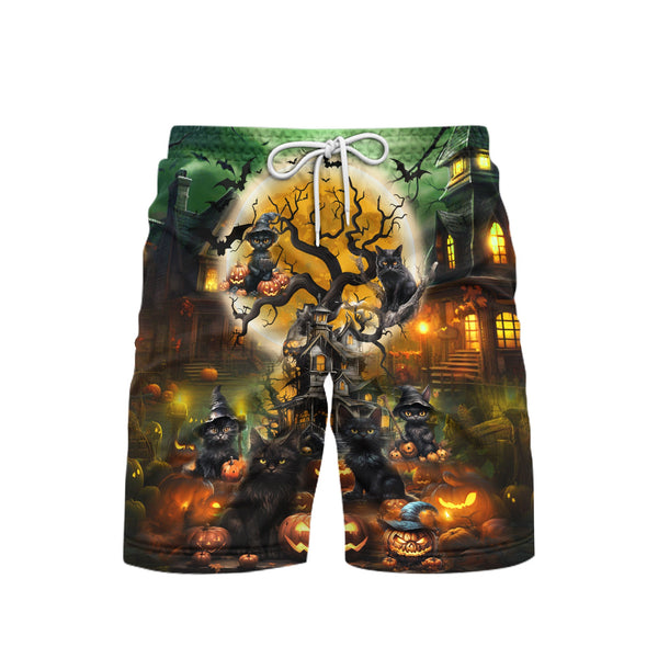 Halloween Black Cat Staring Into Your Soul Beach Shorts For Men