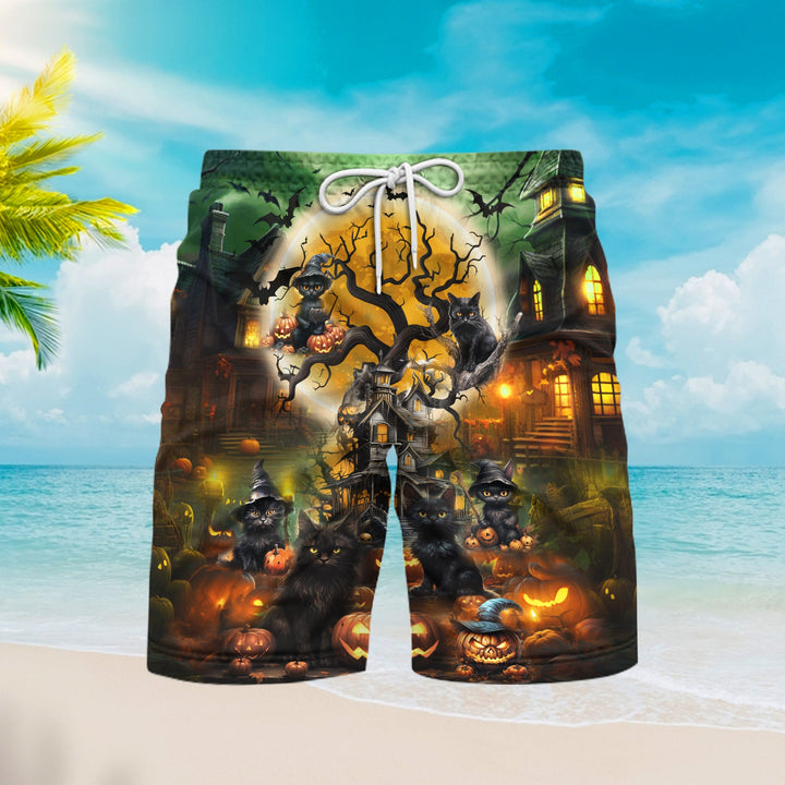 Halloween Black Cat Staring Into Your Soul Beach Shorts For Men