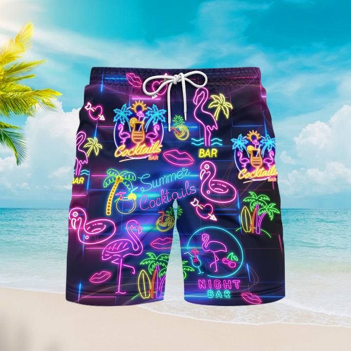 Flamingo Party Night Neon Beach Shorts For Men