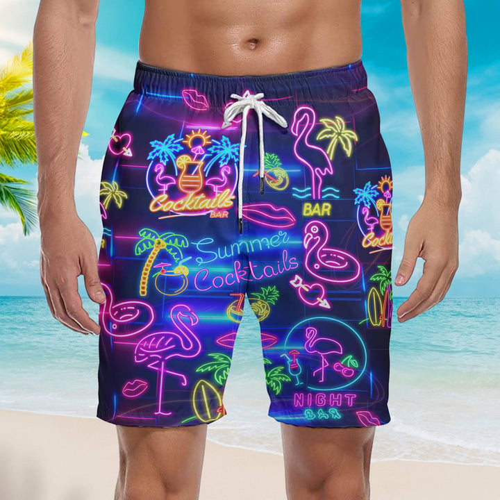 Flamingo Party Night Neon Beach Shorts For Men