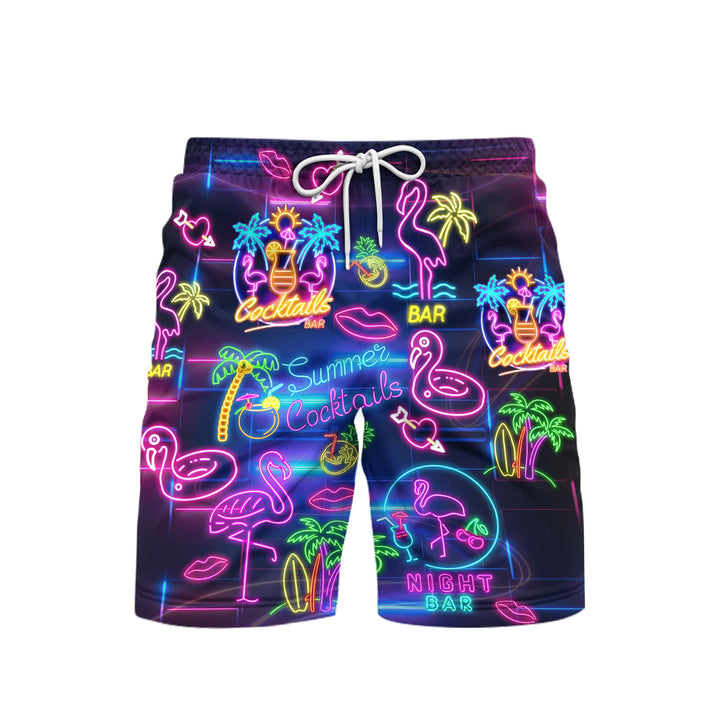 Flamingo Party Night Neon Beach Shorts For Men