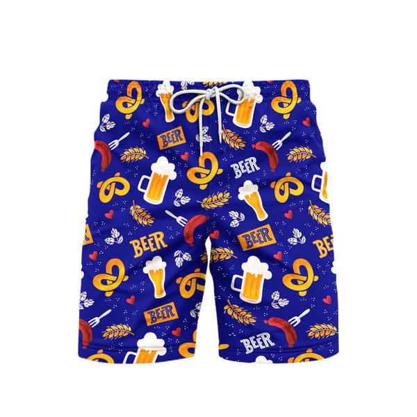 Oktoberfest Blue Beer Pretzels Pattern Beach Shorts For Men