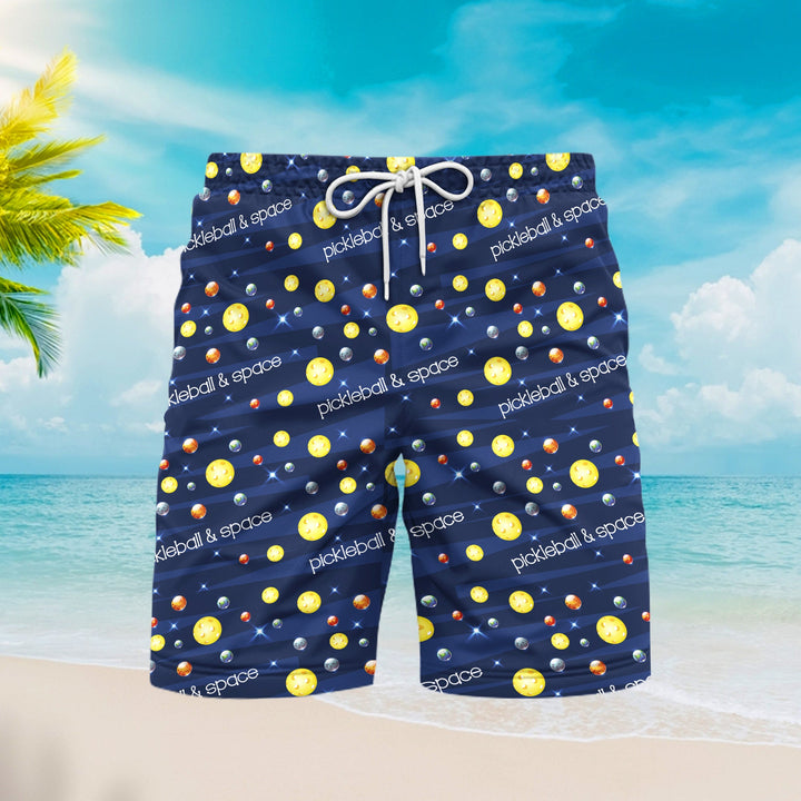 Pickleball And Space With Planets Dark Blue Beach Shorts For Men