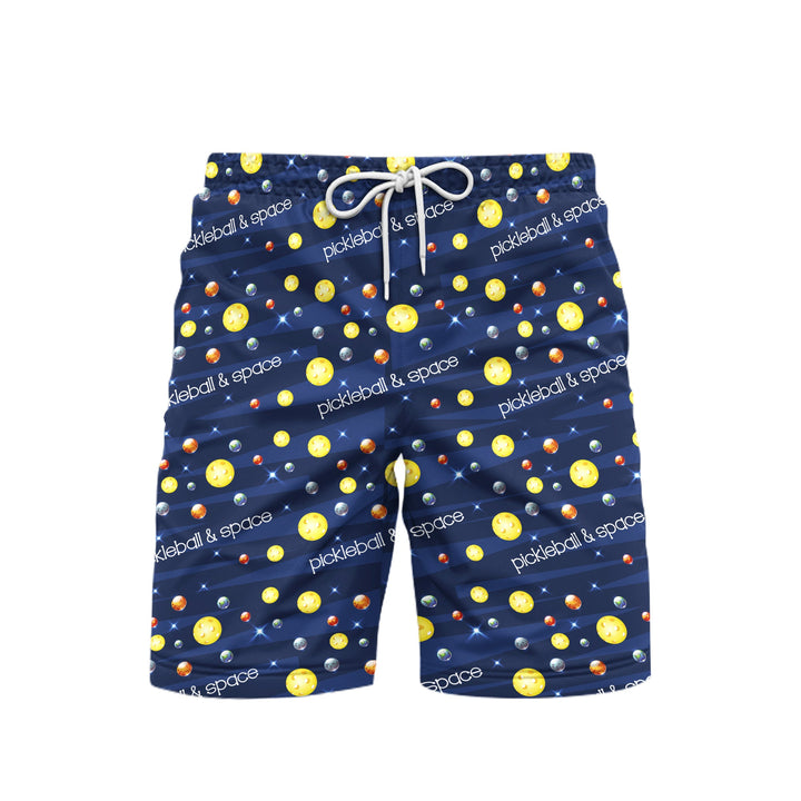 Pickleball And Space With Planets Dark Blue Beach Shorts For Men