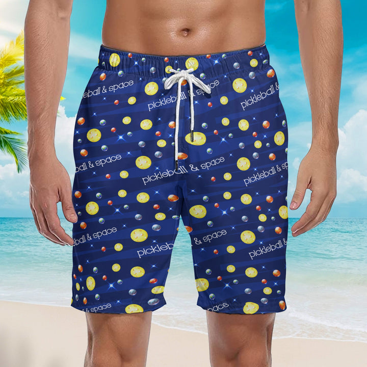 Pickleball And Space With Planets Dark Blue Beach Shorts For Men