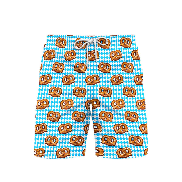 Oktoberfest Pretzels Blue Checkered Beach Shorts For Men 