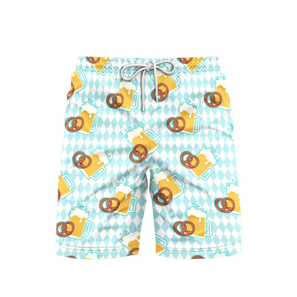 Oktoberfest Beer And Pretzels Blue Checkered Beach Shorts For Men 