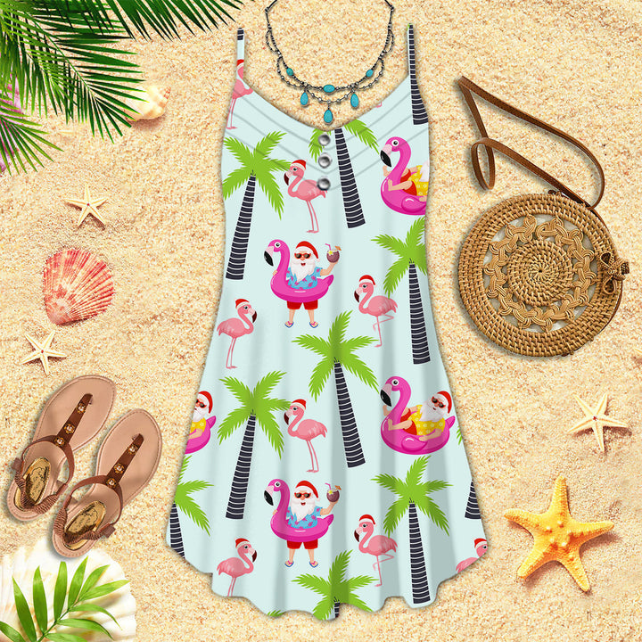 Santa Claus With Flamingo Christmas In July Spaghetti Strap Summer Dress | SD1467