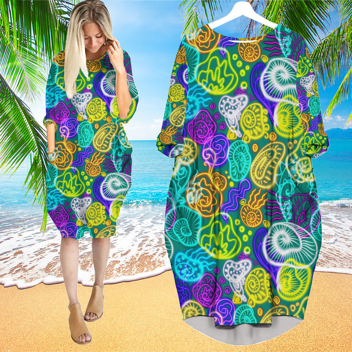 Seashells JellyFish Neon Colorful Long Sleeve Midi Dress | MD1115