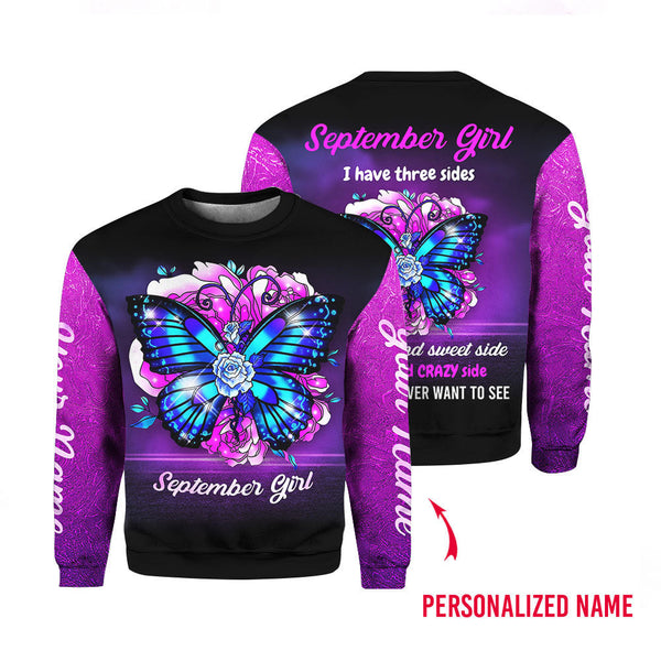 September Girl Have Three Sides Purple Butterfly Flowers Custom Name Crewneck Sweatshirt For Men & Women