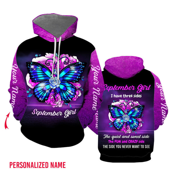 September Girl Have Three Sides Purple Butterfly Flowers Custom Name Hoodie For Men & Women