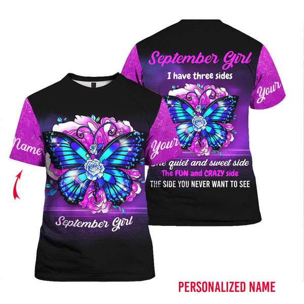 September Girl Have Three Sides Purple Butterfly Flowers Custom Name T Shirt For Men & Women