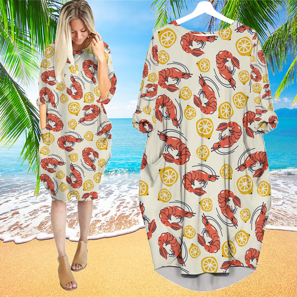 Shrimps And Lemons Pattern Long Sleeve Midi Dress | MD1367