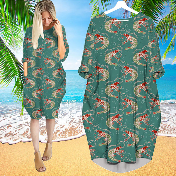 Shrimps In Turquoise Water With Bubbles Pattern Long Sleeve Midi Dress | MD1365