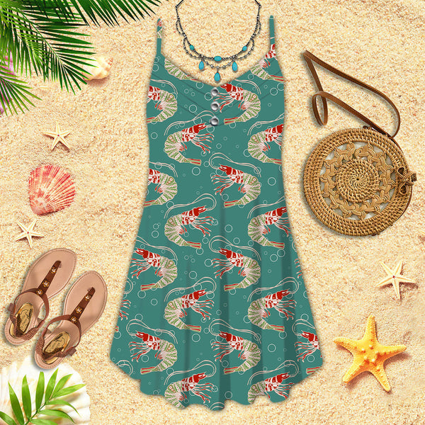 Shrimps In Turquoise Water With Bubbles Pattern Spaghetti Strap Summer Dress | SD1365