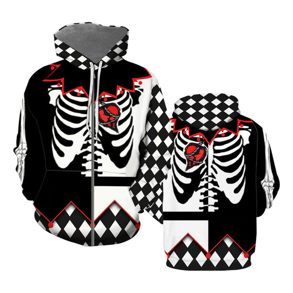 Skeleton With Heart Jester Halloween Costume Zip Up Hoodie For Men & Women FHT1066